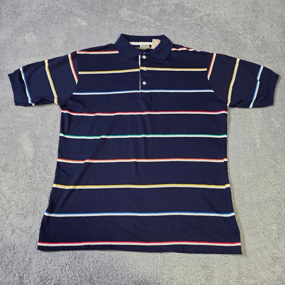 Bert Pulitzer Mens L Polo Shirt Navy Blue Striped Short Sleeve Cotton Vintage